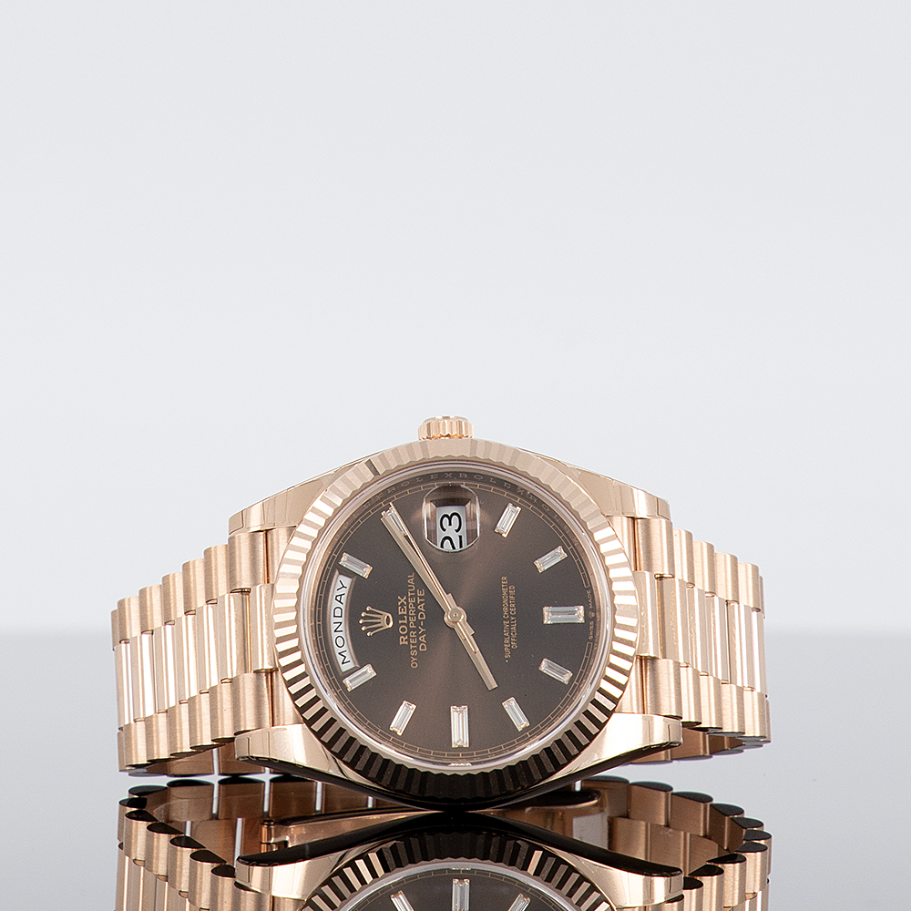 Rolex Day-Date 40mm Rose Gold Chocolate Baguette Dial 228235